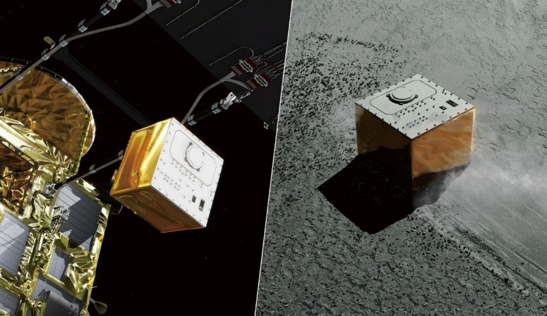 （左）「はやぶさ2」から分離するMASCOTのイラスト,（右）リュウグウに着地したMASCOTのイラスト（画像クレジット： JAXA）